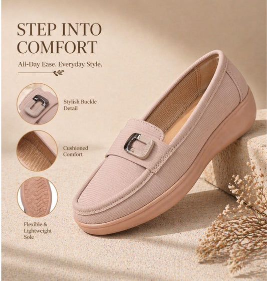 Beige Comfort Loafers with Buckle Detail – Lightweight Cushioned Slip-On Shoes for Women