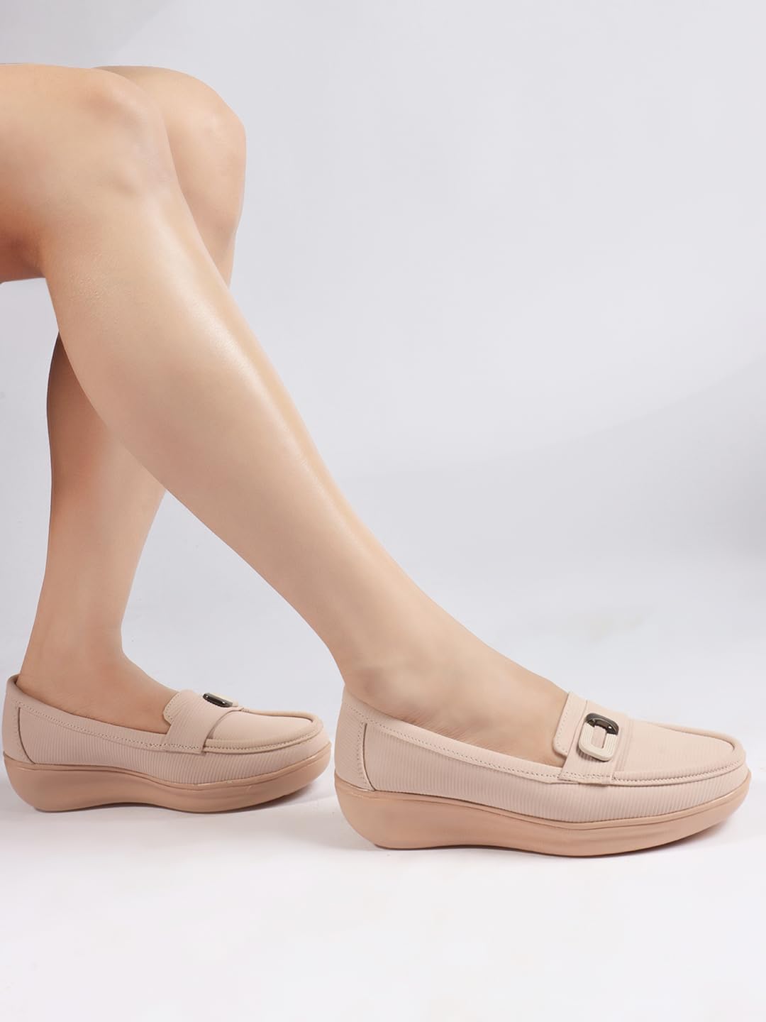 Beige Comfort Loafers with Buckle Detail – Lightweight Cushioned Slip-On Shoes for Women