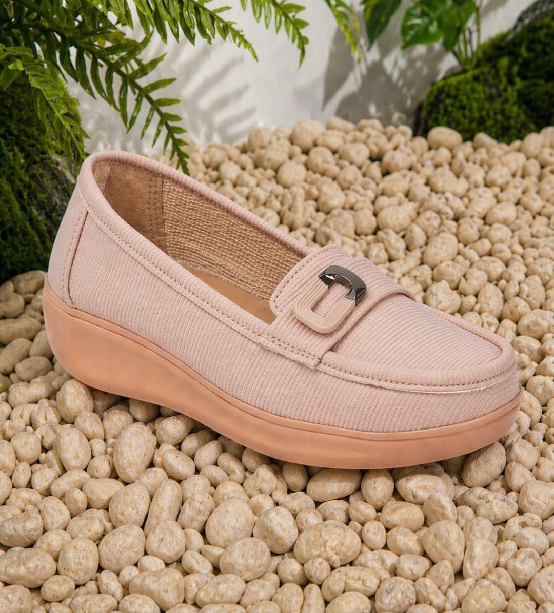 Beige Comfort Loafers with Buckle Detail – Lightweight Cushioned Slip-On Shoes for Women