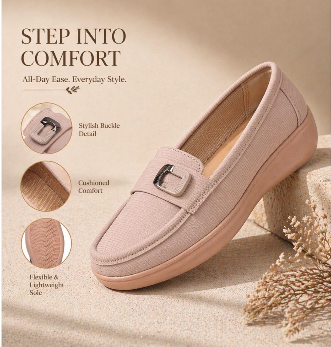 Beige Comfort Loafers with Buckle Detail – Lightweight Cushioned Slip-On Shoes for Women
