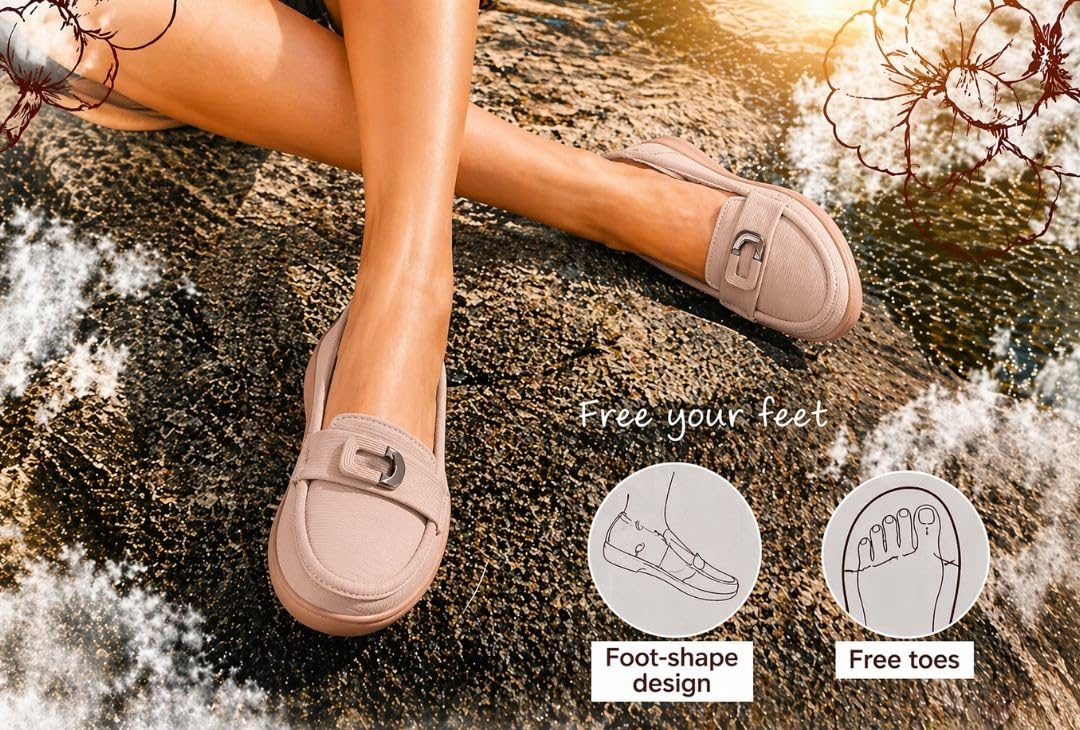 Beige Comfort Loafers with Buckle Detail – Lightweight Cushioned Slip-On Shoes for Women