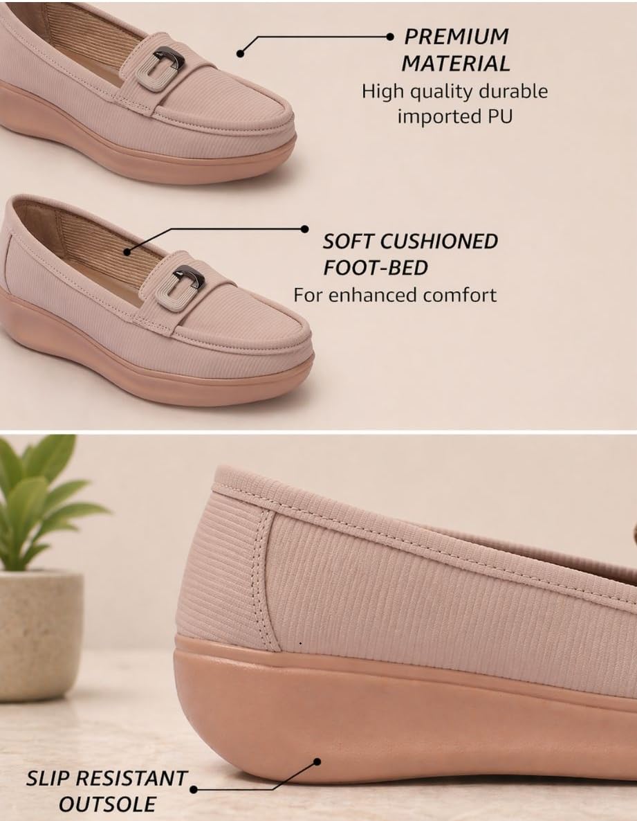 Beige Comfort Loafers with Buckle Detail – Lightweight Cushioned Slip-On Shoes for Women