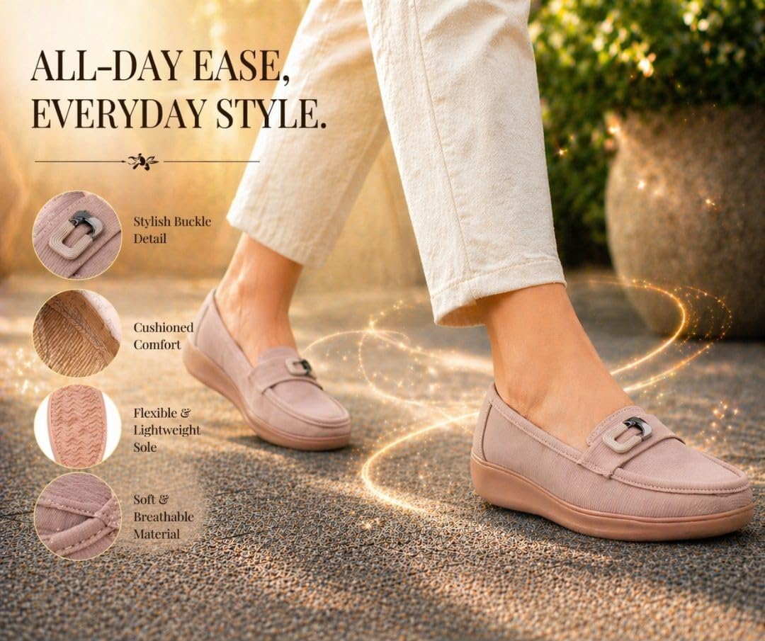 Beige Comfort Loafers with Buckle Detail – Lightweight Cushioned Slip-On Shoes for Women