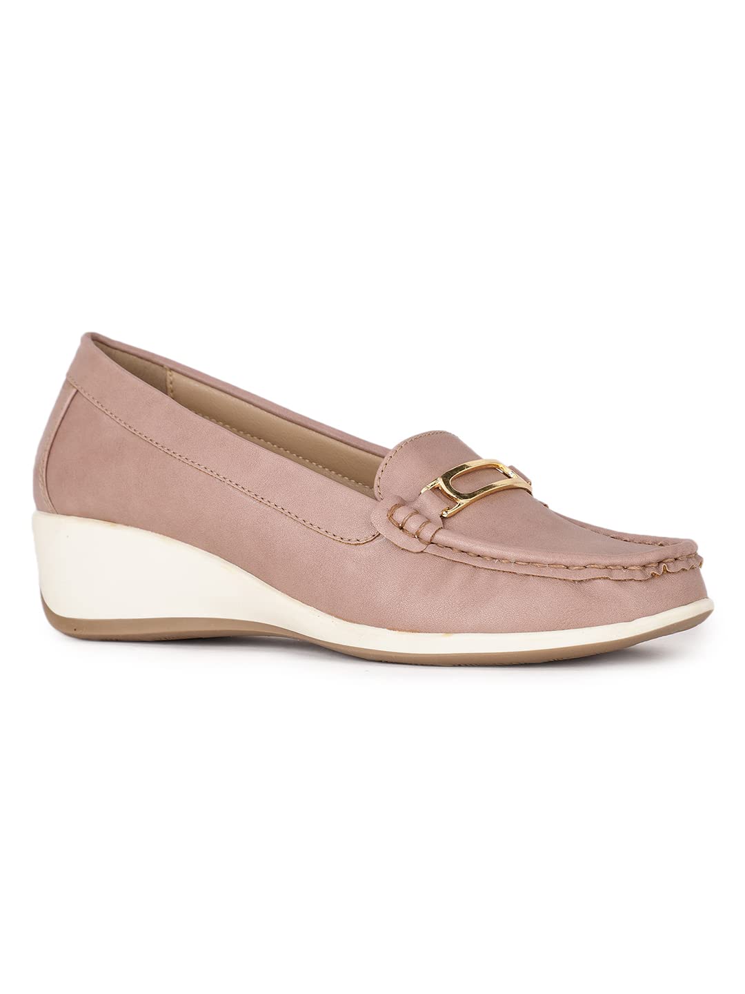 Blush Pink Wedge Loafers with Metal Detail – Elegant Comfort Slip-On Shoes for Women