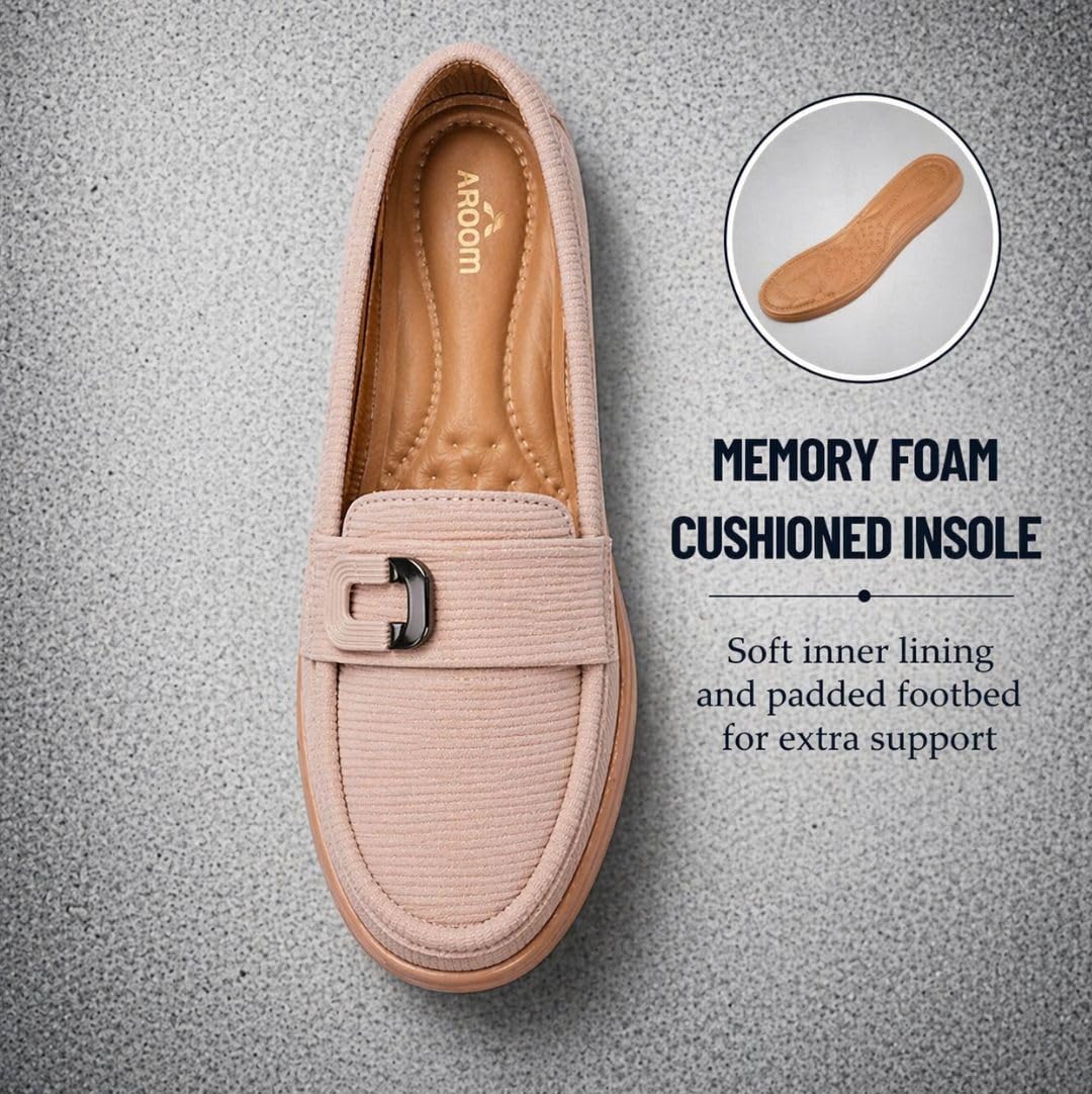Beige Comfort Loafers with Buckle Detail – Lightweight Cushioned Slip-On Shoes for Women