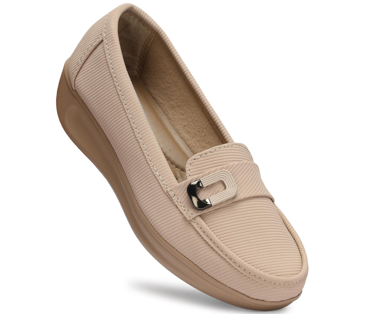 Beige Comfort Loafers with Buckle Detail – Lightweight Cushioned Slip-On Shoes for Women