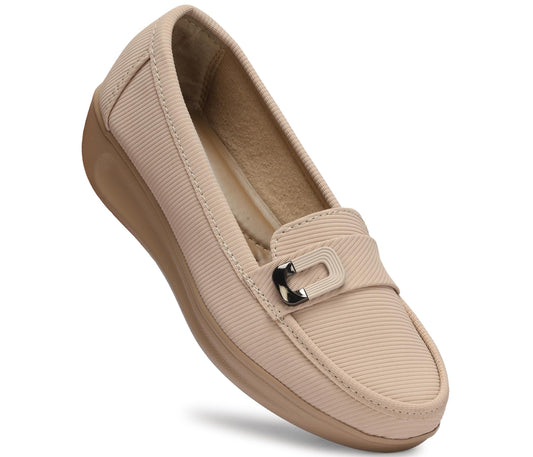 Beige Comfort Loafers with Buckle Detail – Lightweight Cushioned Slip-On Shoes for Women