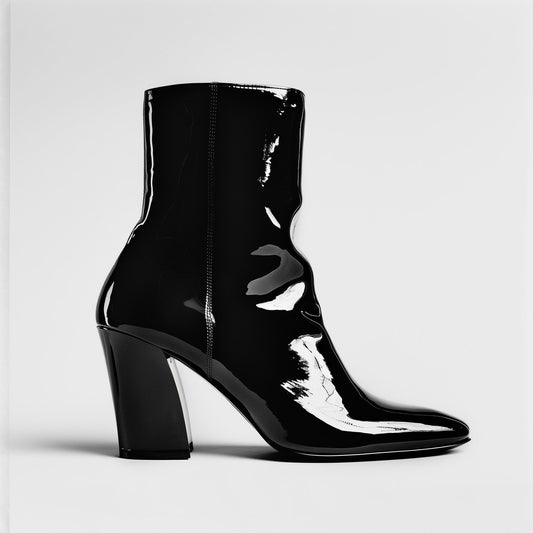 Black Patent Leather Ankle Boots with Block Heel – Premium Stylish Women’s Boot